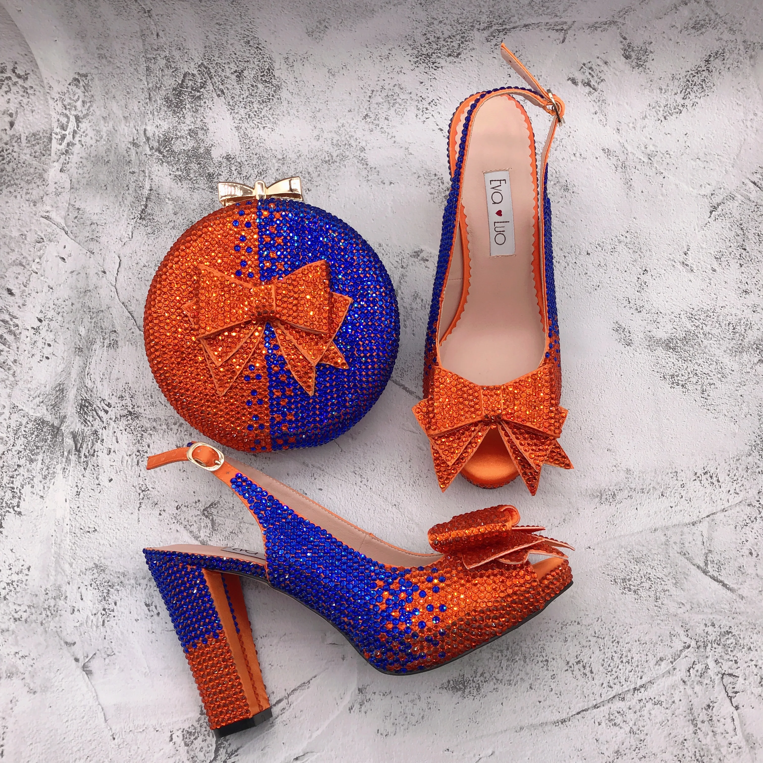 BS1514  Custom Made Women Shoes Dress Pumps  Bridal Wedding Shoes Orange  Royal Blue  Crystal Shoes With Matching Bag