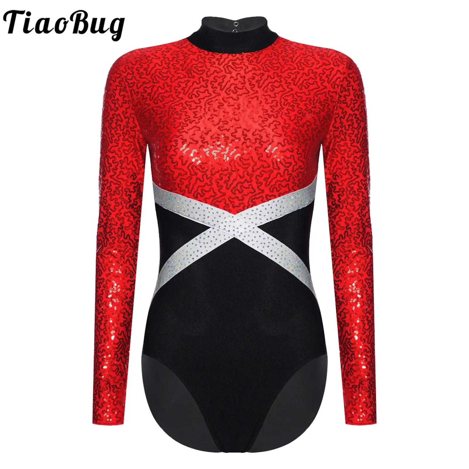 

Women Glittery Sequin Gymnastic Leotard Costume Contrast Color Long Sleeve One-piece Bodysuit for Figure Skating Ballet Dance