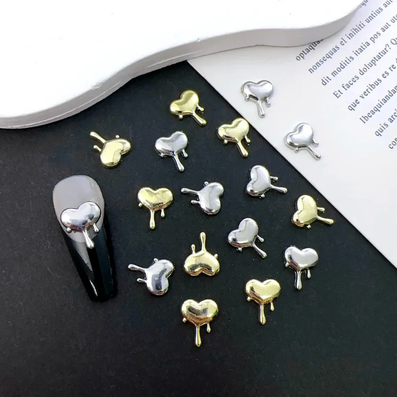 20pcs Punk Style Alloy Heart Nail Art Charm 3D Lava Love Gold Silver Heart Nail Art Decoration DIY Supplies Accessories