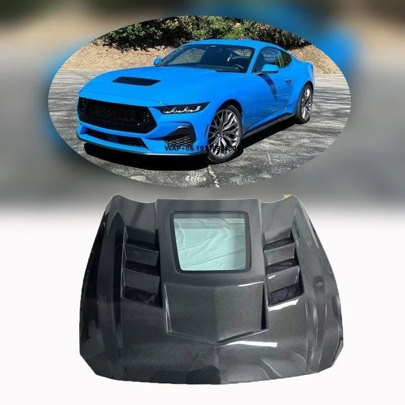 

New High Quality for Mustang 2024-2025 Single Sided Carbon Fiber Bonnet Hood Replacement Front Engine Hood Cover Glass Screw-On