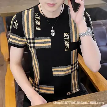 남성용 반팔 티셔츠, 라운드 넥, 아이스 조각, 슬림 트렌드 인쇄, 주름 방지, 청소년용 편안한 올매치 탑, 여름 신상 