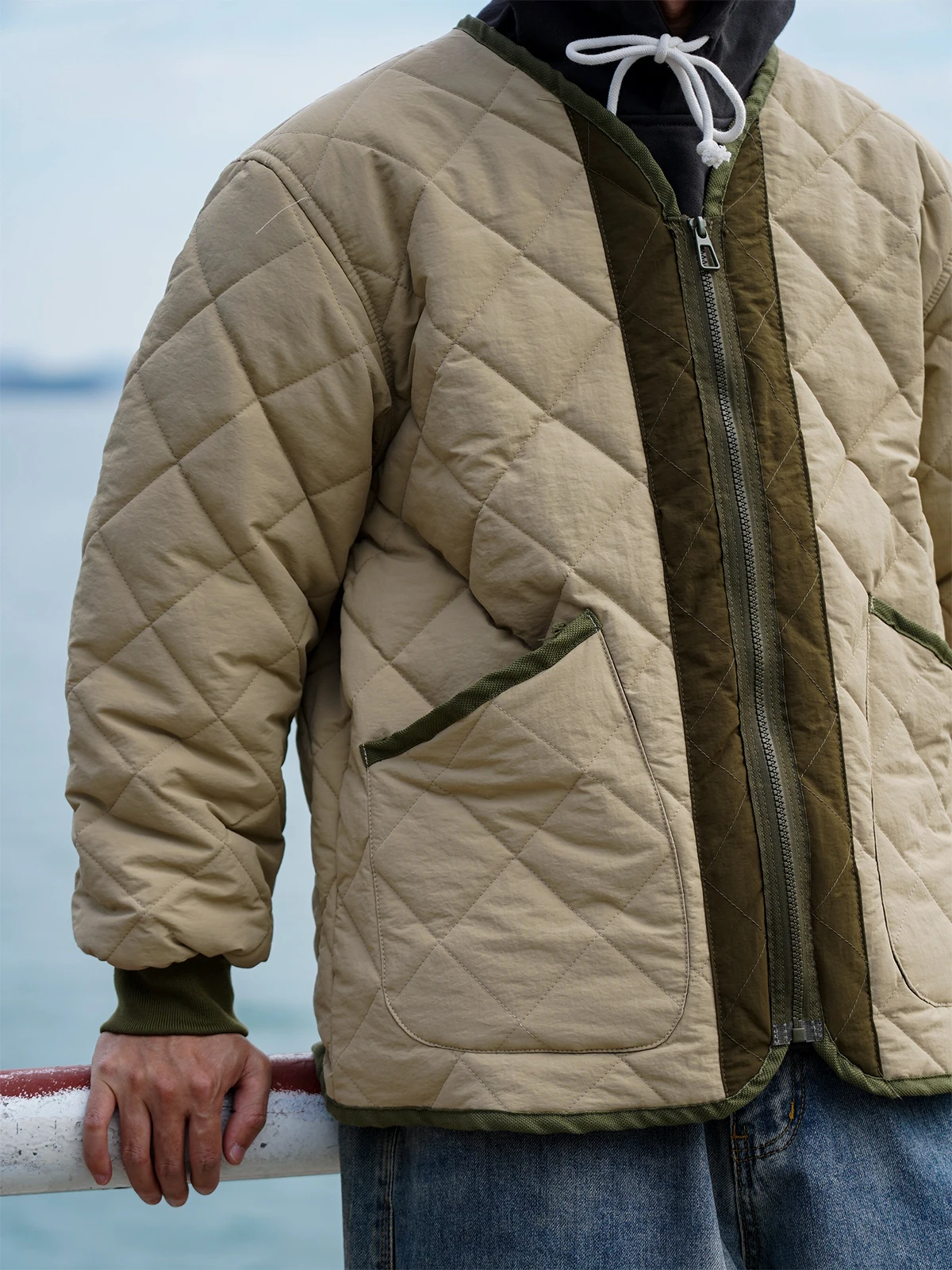 Retro Japanese Style Patchwork Color Block Diamond Pattern Cotton Jacket Loose Fit Collarless Men's Inner Vest American Khaki
