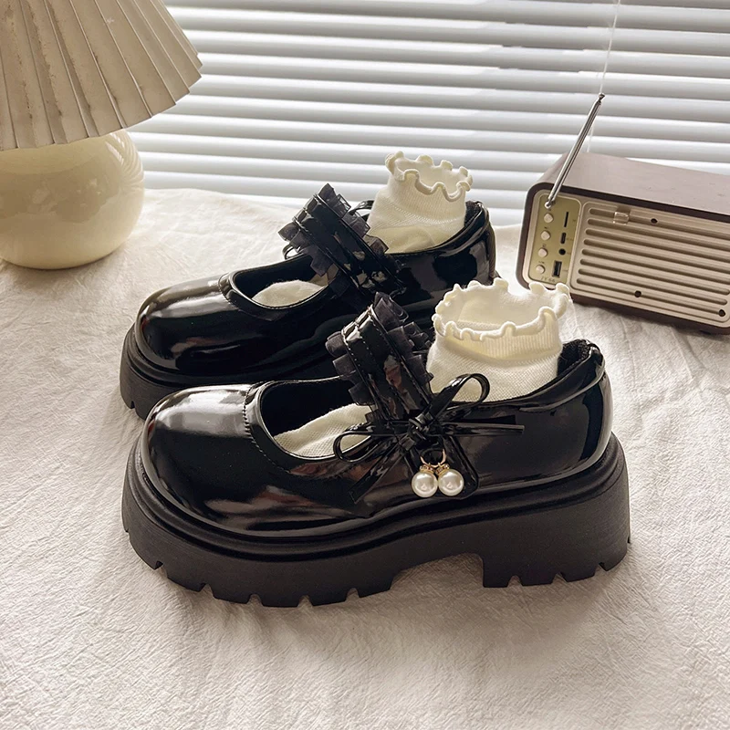 Girls Black School Shoes Princess PU Leather Soft Kids Flats Mary Janes for Wedding Party with Pearl Pendant Sweet Bright Skin