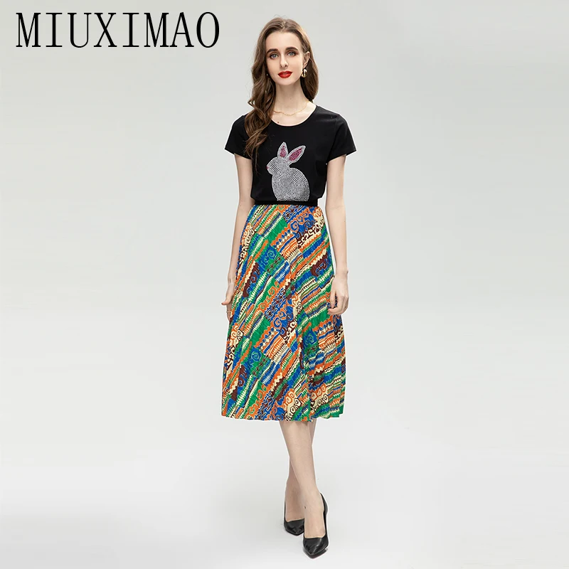 

MIUXIMAO 2023 High Quality Spring&Summer Elegant Set Pleats O-Neck Shirt+Print Skirt Fashion Two-piece Set Women Vestides