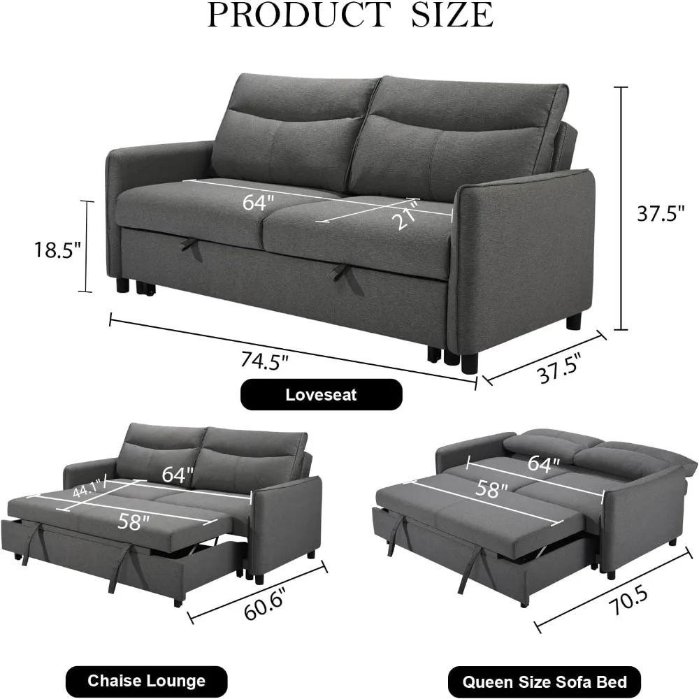 75-Inch Queen Size Convertible Sleeper Sofa Bed, Comfortable Pull-Out Futon Loveseat, Full Love Seat for RV Small Spaces, Hide-