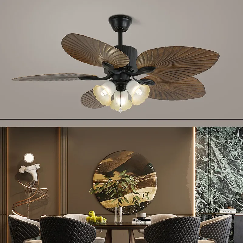 Fan Light American Retro LED Living Room Dining Room Bedroom Study Villa Coffee Shop Remote Control Electric Fan Light