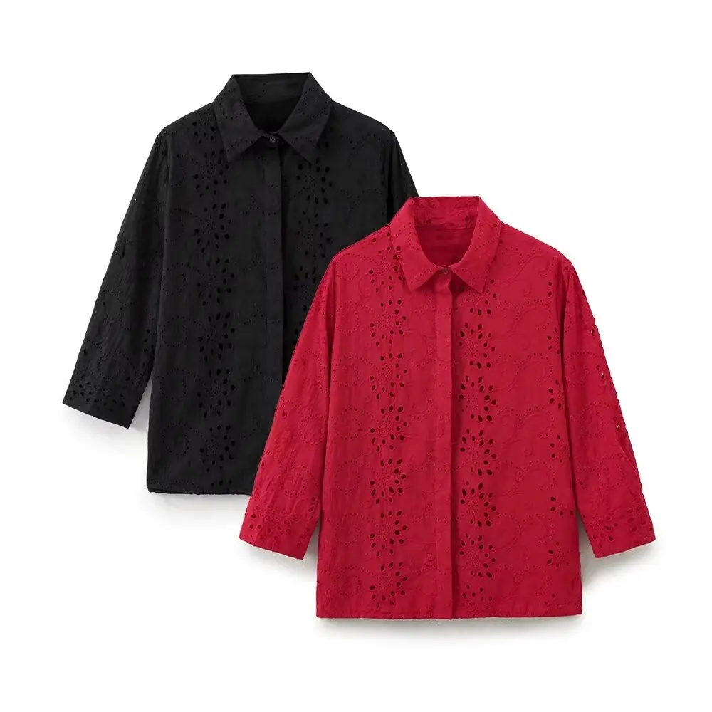 Tangada Women Red Embroidery Cotton Shirt Long Sleeve 2024 Female Blouse Tops 6H0280