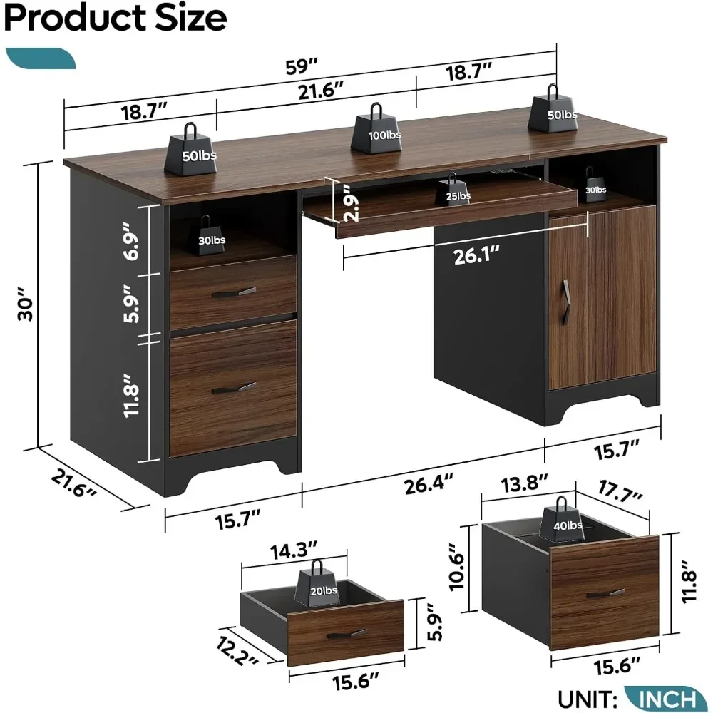 Bureau de direction avec armoire de rangement, bureau d'ordinateur, 2 tiroirs, 59 po, aucun