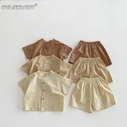 INS Korean Style Summer Thin Solid Color Short Sleeve Shirt and Shorts Set for Toddler Boys Baby Casual Two-Piece Outfit