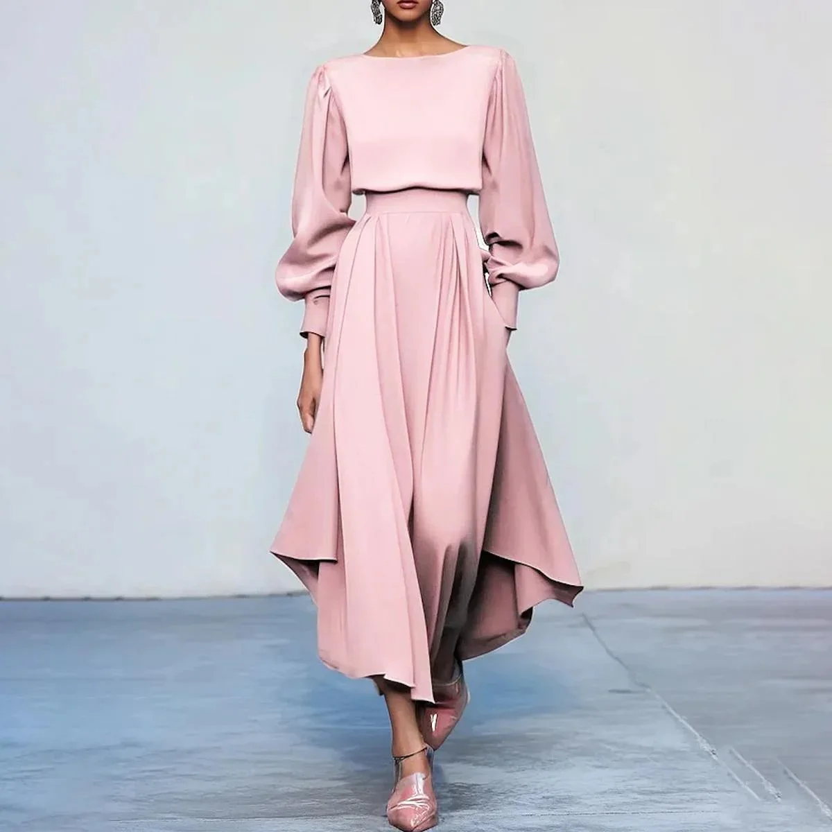 

2026 European and American new round neck long-sleeved solid color dress long dress elastic waist and thin