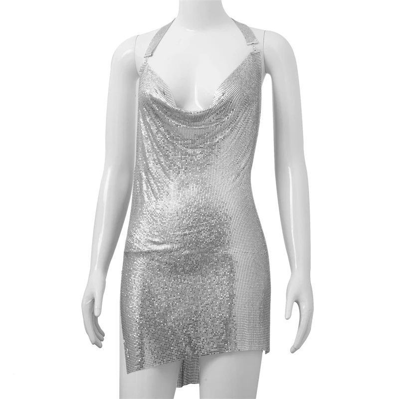Damen Glänzendes Kettenhemd-Minikleid mit Neckholder und Wasserfallausschnitt für Nachtclub und Abendpartys, Modische Metall-Pailletten-Kleidung, Geschenk für Mädchen und Damen – Detail 7