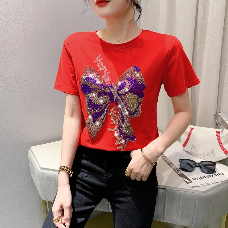 #5371 Summer Short Sleeve T Shirt Women Black White Red Green Cotton Diamonds Casual Women's Tee Shirt O-neck Korean Style