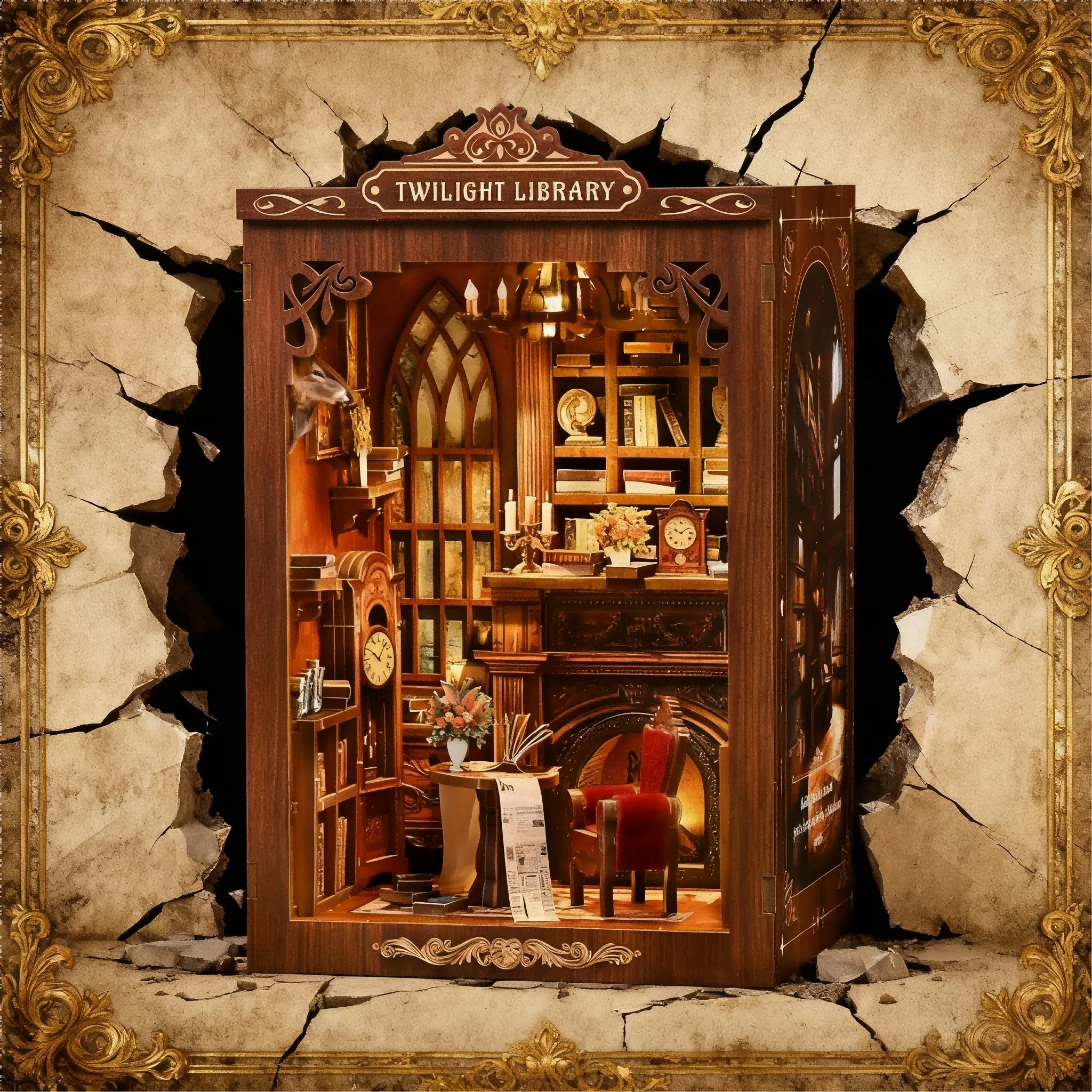 Kit di angolo per libri in legno 3D Casa delle bambole in miniatura fai-da-te Angolo di lettura crepuscolare Progetto creativo Regalo per gli amici Compleanno Decorazioni per la casa