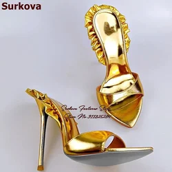 Surkova Gold Black Matte Leather Ruffle Embellished High Heel Slippers Sky High Stiletto Heels Sandals Pointy Toe Party Shoes