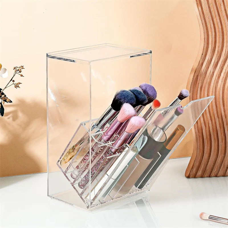 Make-upborstelhouder Organizer met deksel 17-slots acryl stofdichte make-upborstel opbergdoos schuine open cosmetische borstelcontainer