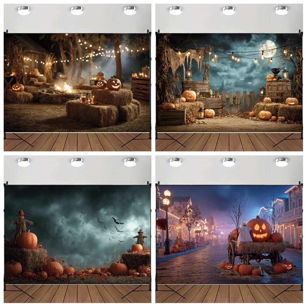 

MOON.QG Autumn Barn Halloween Decoration Backdrop Lanterns Ghosts Background Shooting Props Kids Party Photo Booth Photography