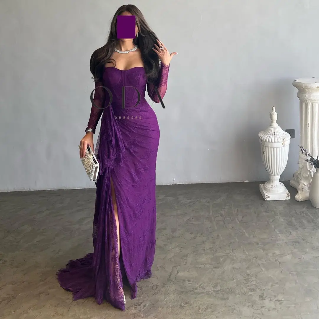 

Vintage Purple Prom Dresses for WomenLong Sleeves Lace Evening Dresses Gala Simple Sweep Train Formal Party Gowns Saudi Arabia