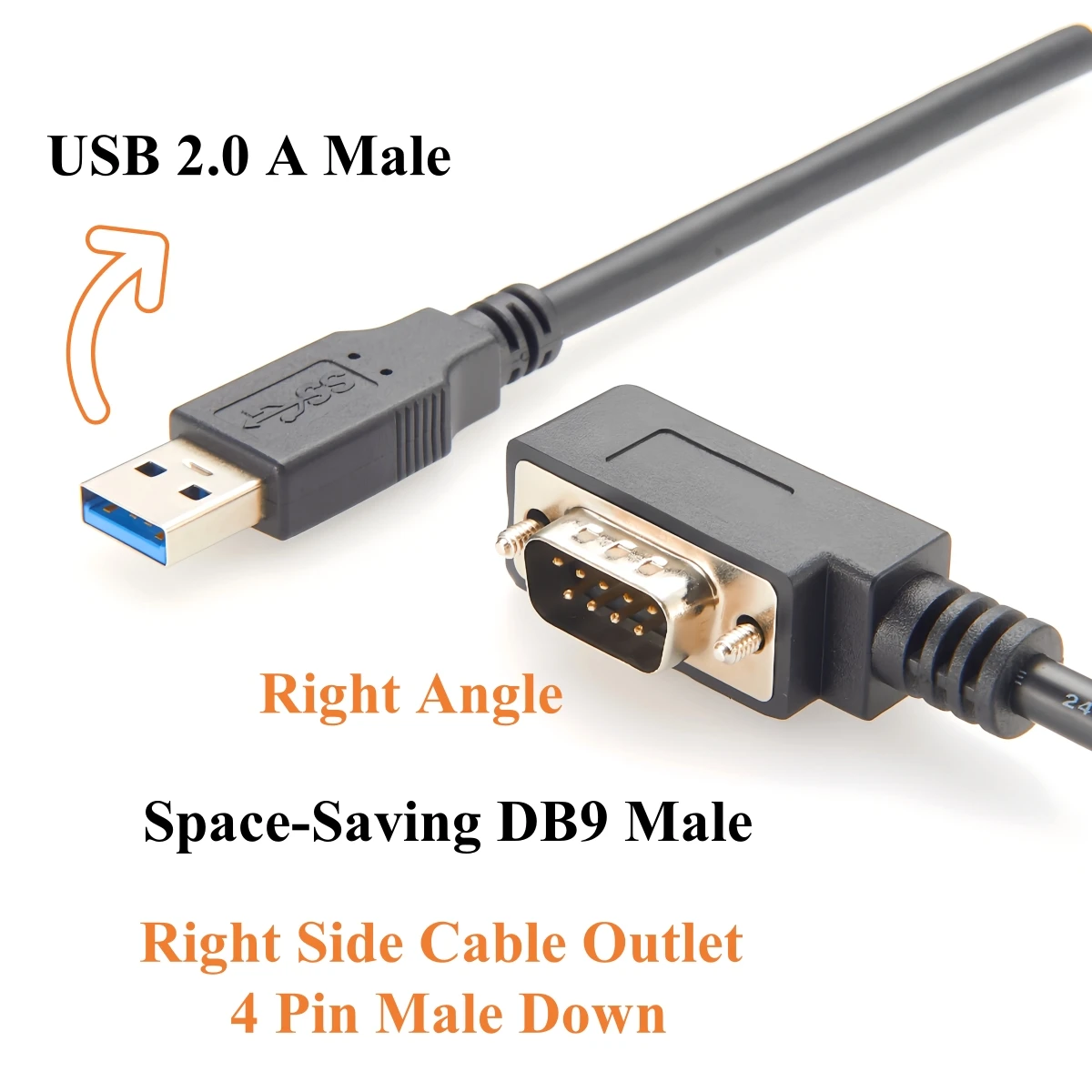90 Degree Low Profile USB 2.0 to DB9 Male Serial Converter Cable with FTDI FT232RNL Chip Space-Saving USB to RS232 to COM Port