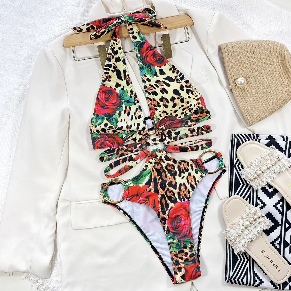 Sexy One Piece Swimsuit Swimwear Women Leopard Hollow Deep V-neck Halter Bathing Suit Beachwear Big Metal Ring Bikini 2026 Mujer
