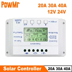 PowMr MPPT PWM 20A 30A 40A Solar Charge Controller 12V 24V Auto Solar Panel Regulator Solar Battery Charger Dual Timer