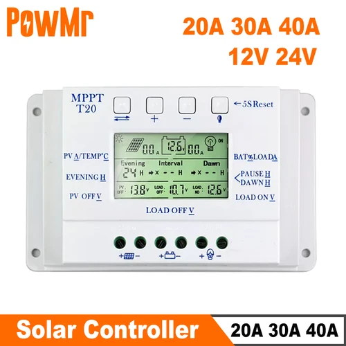 PowMr-controlador de carga Solar MPPT PWM, 20a, 30A, 40A, 12V, 24V, regulador automático de Panel Solar, cargador de batería Solar, temporizador Dual