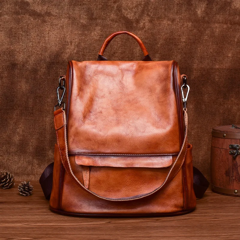 Retro Backpack 2024 New European And American Style Anti-theft Large Capacity Casual Men's Women's Genuine Leather Bag