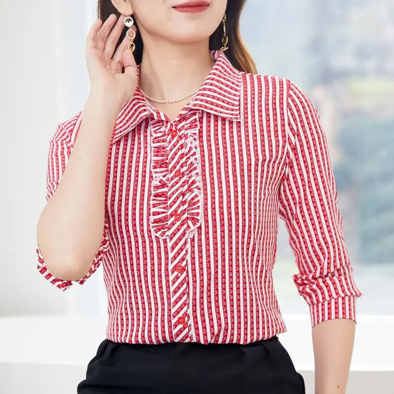 Fashion Striped Printing Shirt Female Spring Autumn Turn-down Collar Polka Dot Auricularia Auricula Long Sleeve Button Blouse