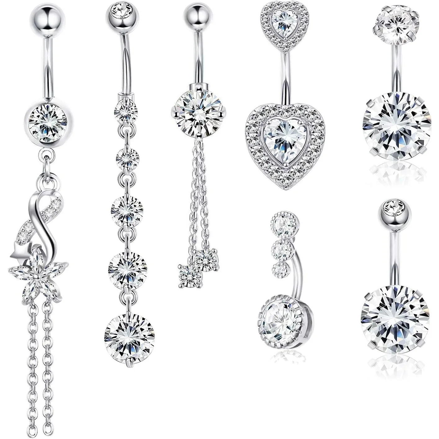 Florideco 14G acier chirurgical nombril anneaux rond CZ clair CZ nombril anneaux incurvé Bareball ventre anneaux balancent ventre Piercing