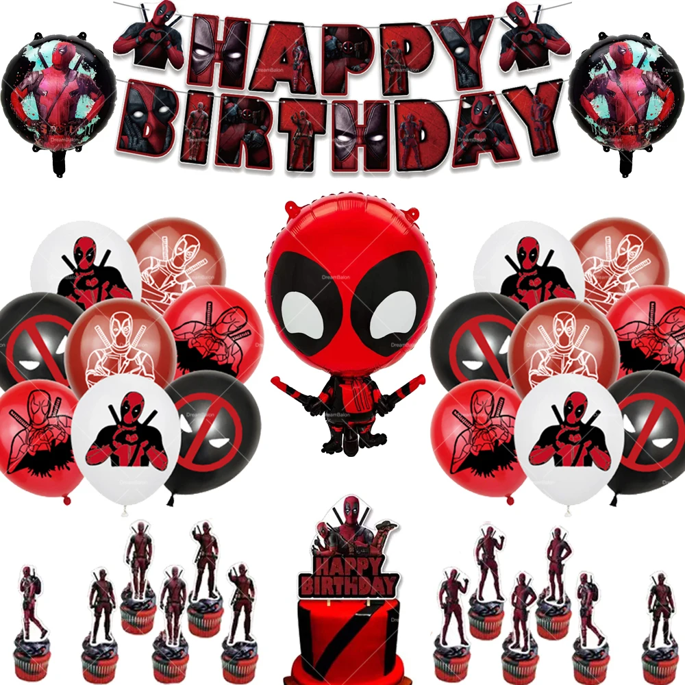 Deadpool And Wolverine Balloons Birthday Party Decoration Tableware Banner Backdrop Cake Topper Supplies Hero Keychain Stickers