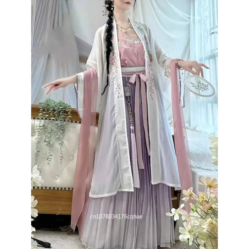 

Women's Traditional Chinese Hanfu, Embroidered Gradient Chiffon Long Robe with Camisole & Skirt, Elegant Ancient Chinese Costume