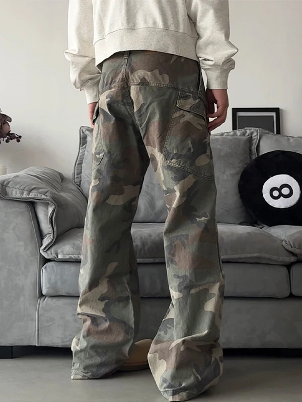 Vintage Camouflage Straight Leg Workwear Pants Men's CleanFit American Slant Cut Knife Flared Jeans Loose Fit Summer Jeans