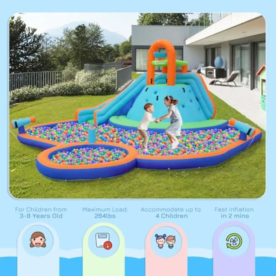 Opblaasbare waterglijbaan voor kinderen 4-in-1 springkasteel Waterpark Springkasteel met waterzwembad, glijbaan, klimmuren en 2 waterblikken