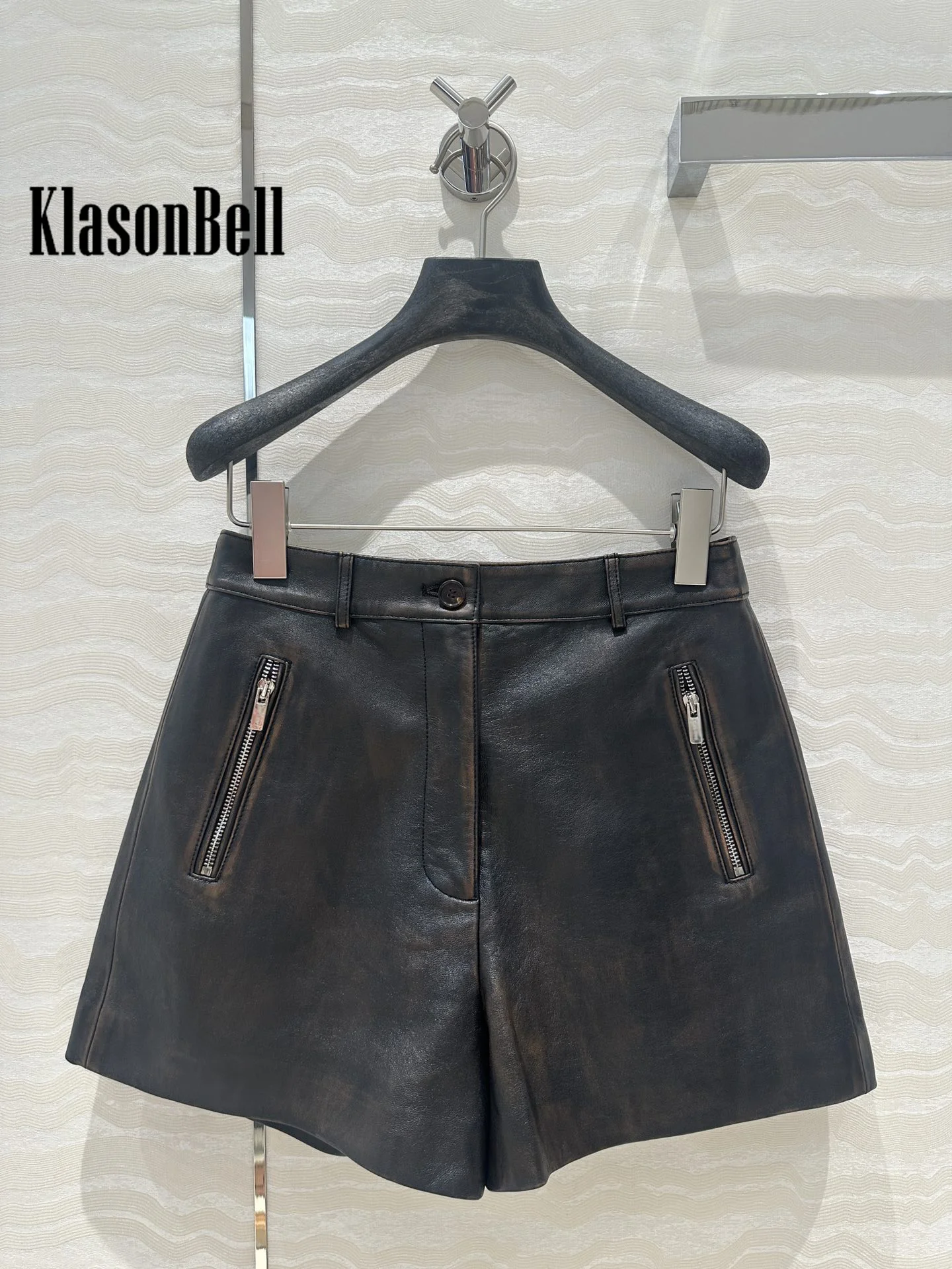 8.18 KlonasBell Women Distressed Design Moto Biker Sheepskin Stand Collar Short Jacket Or Side Zipper High Waist Shorts Set