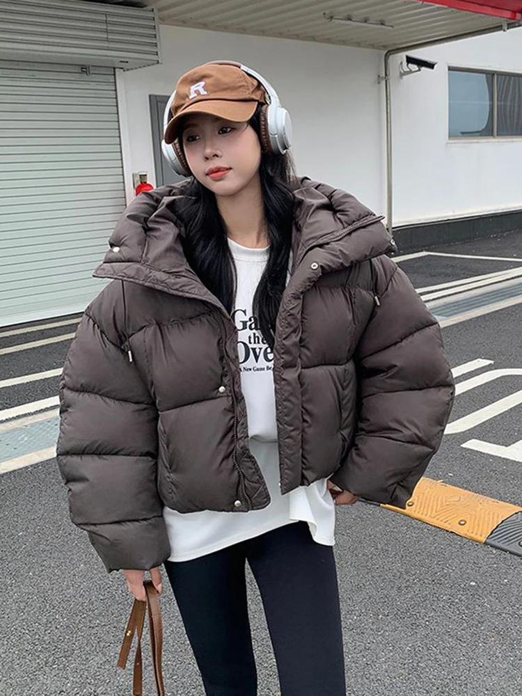 شتاء دافئ الوردي سترات المرأة فضفاضة طويلة الأكمام الحلو مقنعين سترة قطن الكورية موضة نمط Preppy الإناث لطيف منتفخ معطف #6
