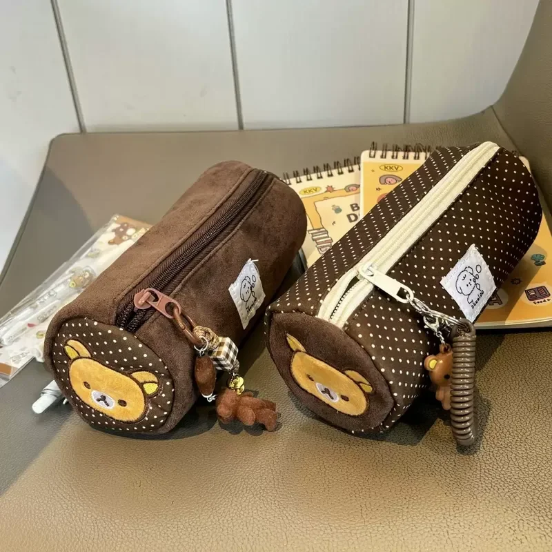 Embroidery Rilakkuma Cylinder Pen Bag Cartoon Large Capacity Stationery Box Student Ruler Storage Bag Periphery Portable Gifts
