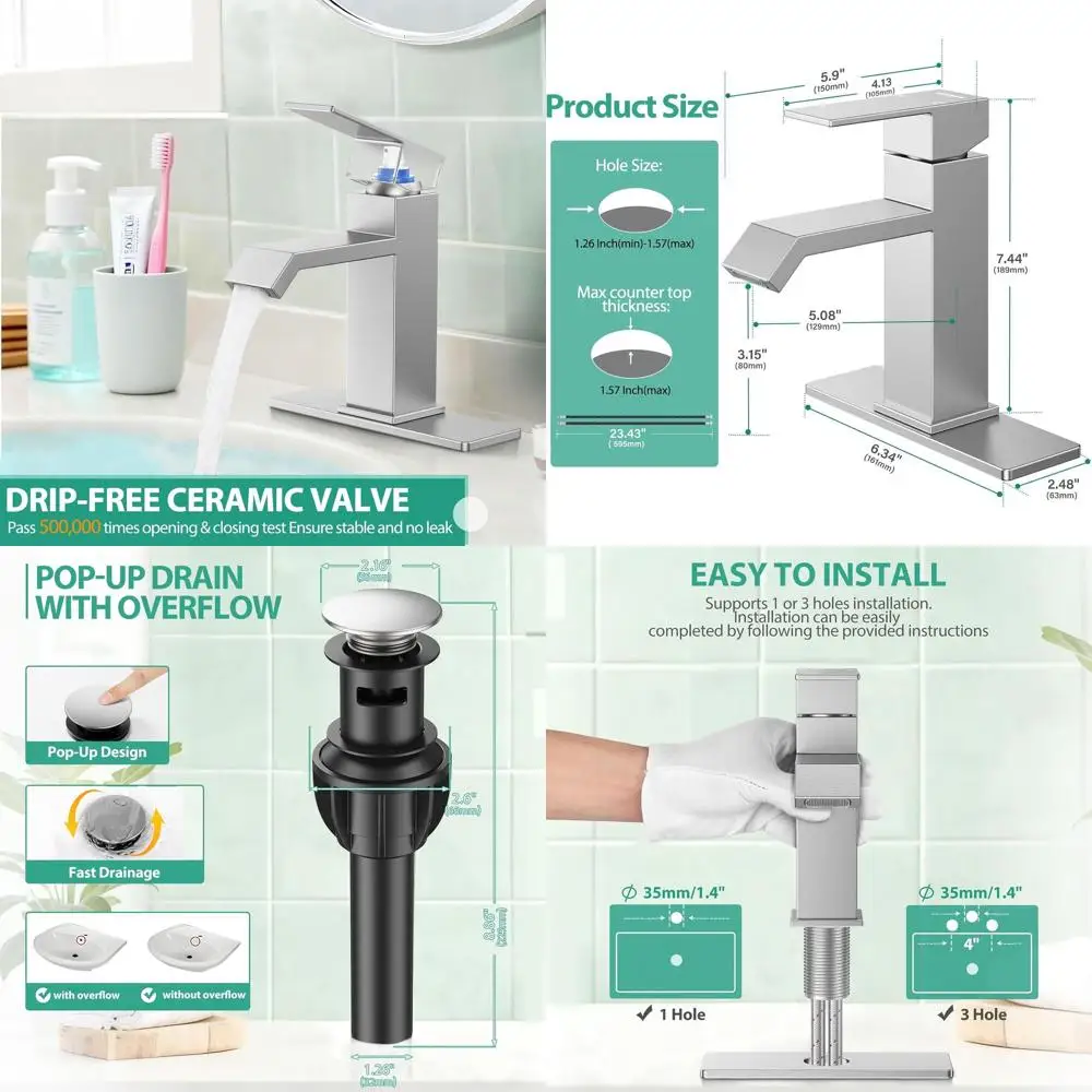 

Modern Brushed Nickel Single Handle Faucet for 1 or 3 Hole Bathroom Sinks with Deck Plate and Pop-up Drain for RV Sinks