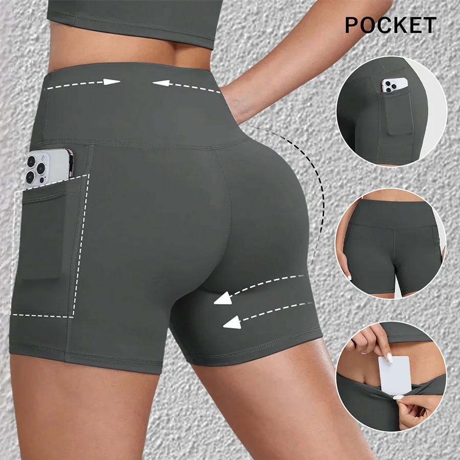 

Женские шорты с карманами, однотонные, с эффектом подтяжки ягодиц, для велоспорта, для активного отдыха, спортивные велосипедные шорты с внутренним карманом на талии