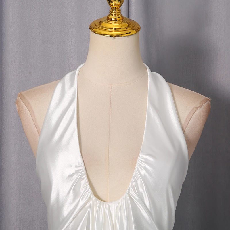 ชุดเดรสยาวผ้าซาตินทรงเข้ารูป ดีไซน์ผูกโบว์ด้านหลัง โชว์หลัง เซ็กซี่ คอวี แขนกุด หรูหรา สำหรับผู้หญิง แฟชั่นใหม่