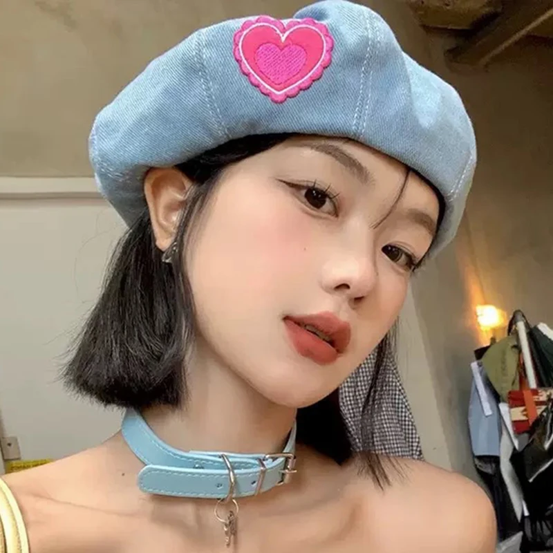 Women Washed Denim Beret Heart Patch Street Snap Vintage Aesthetic Painter Hat Dating Daily Casual Wear Beret Weekend Outing