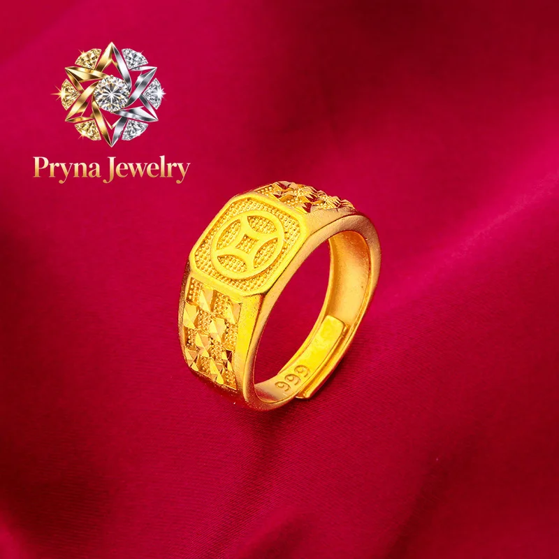 Pryna Jewelry  24K Gold Coin Ring | AU999 Pure Gold, 3D ancient coin design, matte aged finish, exudes masculinity and sophistic