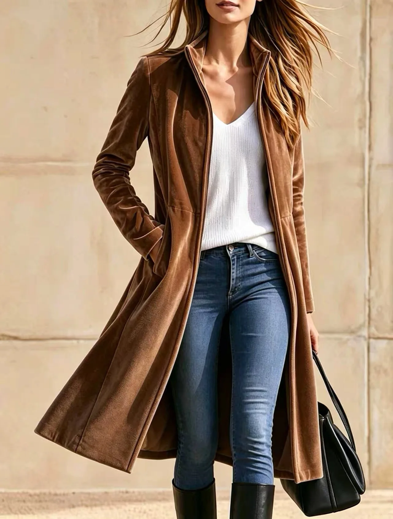 Retro Velvet Coat Autumn Winter Loose Fashionable Solid Color Commuting Style Long Sleeved Stand Up Collar Zipper Windbreaker