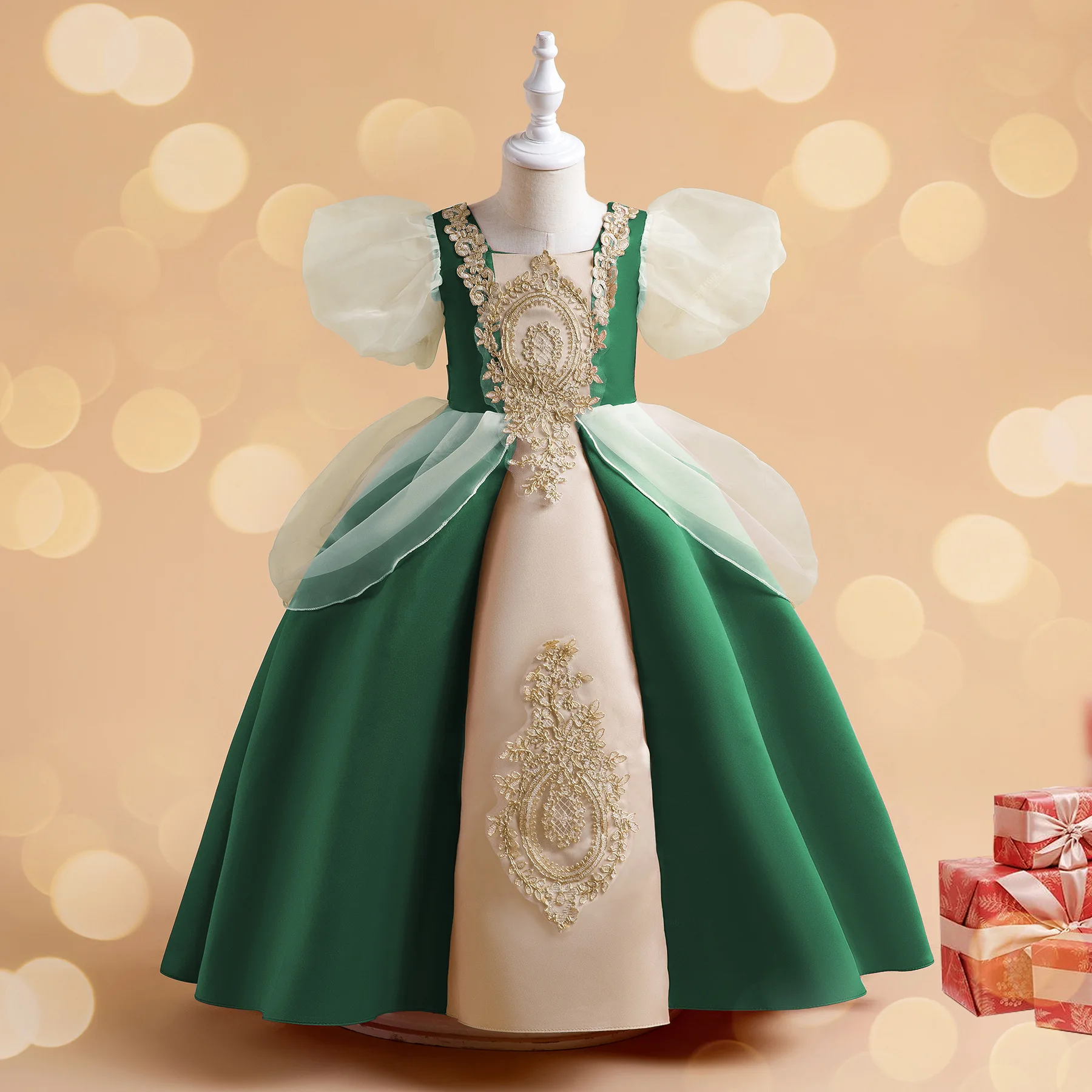 Vintage Flower Girl Costume Christmas Princess Dress for Girls Elegant Christmas Evening Party Dresses Wedding Gown 3-12 Years