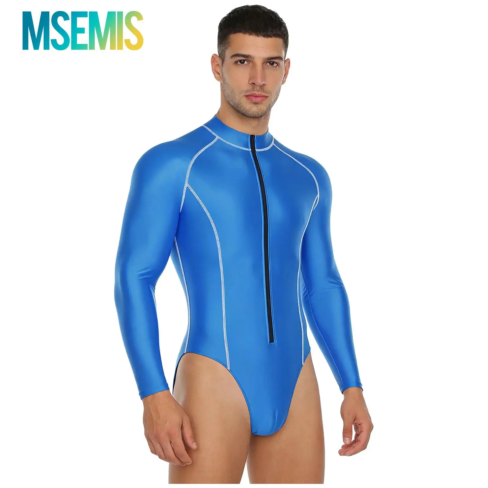 ملابس سباحة رجالي لامعة بدلة سباحة بأكمام طويلة وسحاب أمامي بدلة يوتار لركوب الأمواج على الشاطئ بدلة سباحة للشاطئ