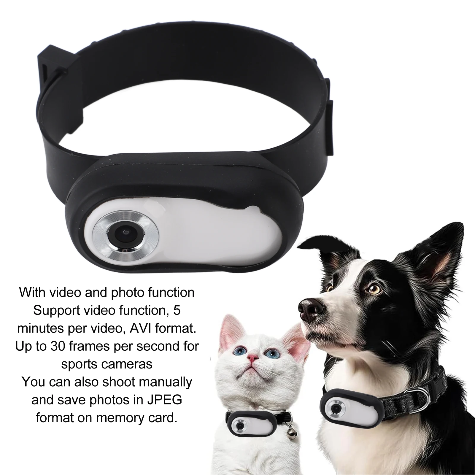 Cámara Collar Pet para Vídeos y Fotos HD 1080P 170 ° Collar de cámara para mascotas ajustable recargable por USB gran angular para perros y gatos