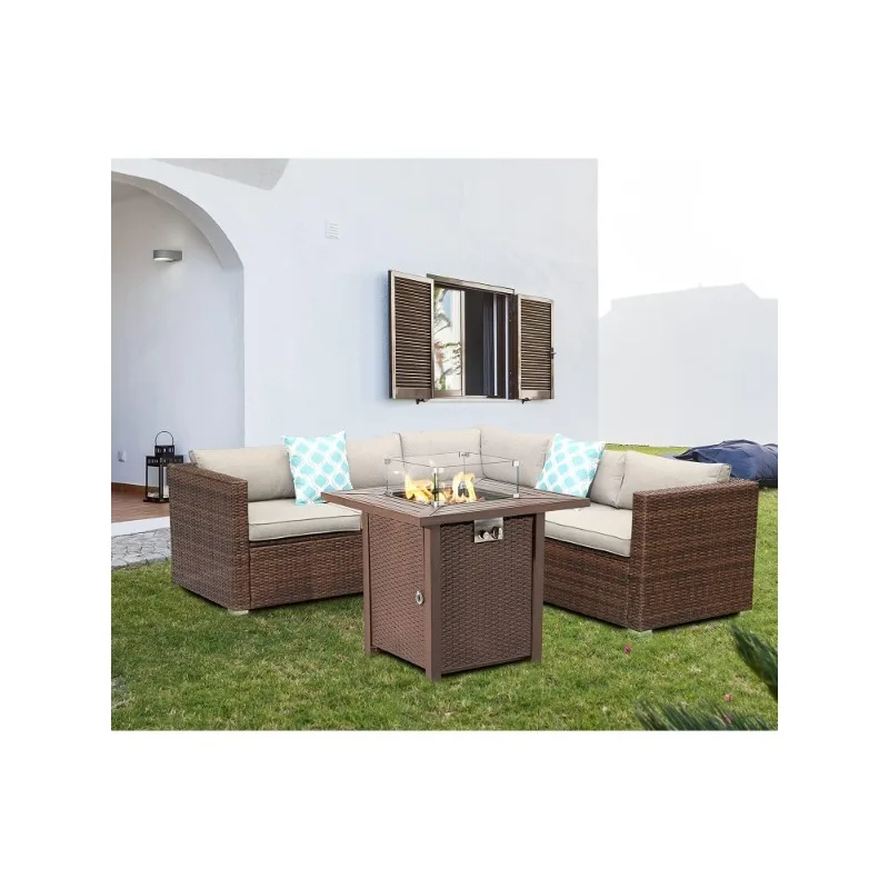 

Мебель для патио на открытом воздухе, плетеный секционный диван из 4 предметов с 28-дюймовым квадратным фитилем, светло-коричневый стол для костра с пропаном (