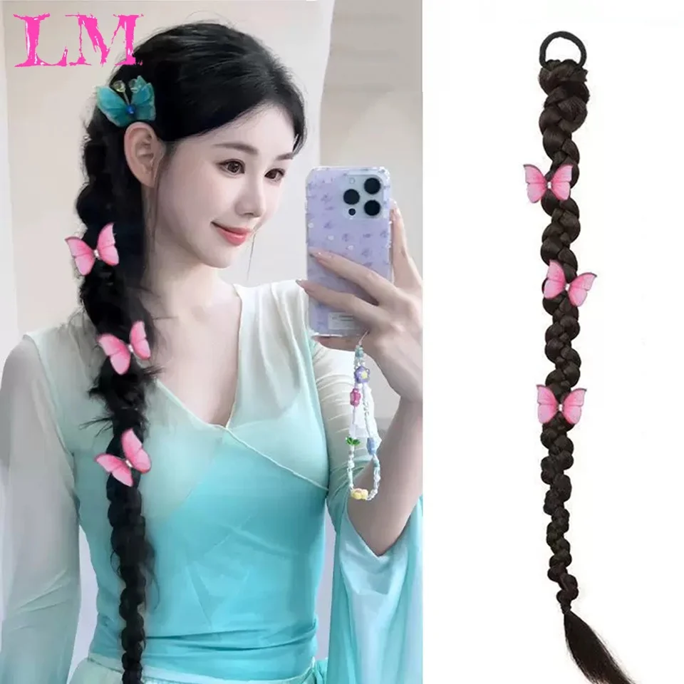 LM Blue Butterfly Decor Long Single Twist Braid Ponytail Synthetic Hanfu Retro Braid Hair Tie for Women Ancient Costume Styling