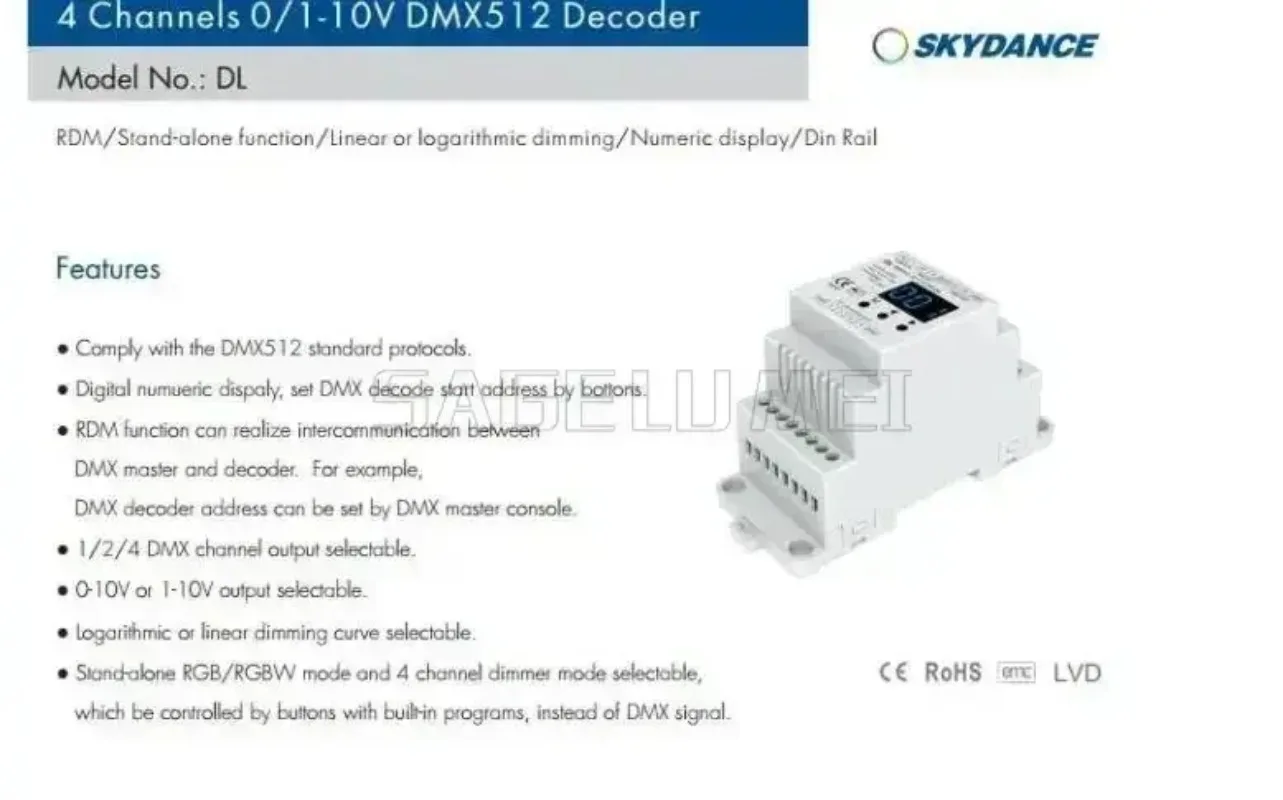 Skydance DL DMX512 Decoder to 4CH 0/1-10V With Digital Display Channels Dimmer Signal Converter For RGB/RGBW Led Light Strip