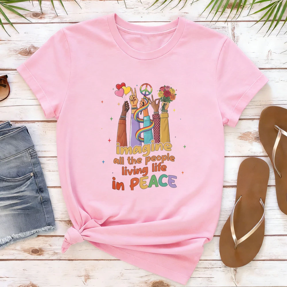 Imagine All The People Living Life in Peace Tee Peace Sign Rainbow T Shirt Love Unity Tee Boho  Positive Quote Tops