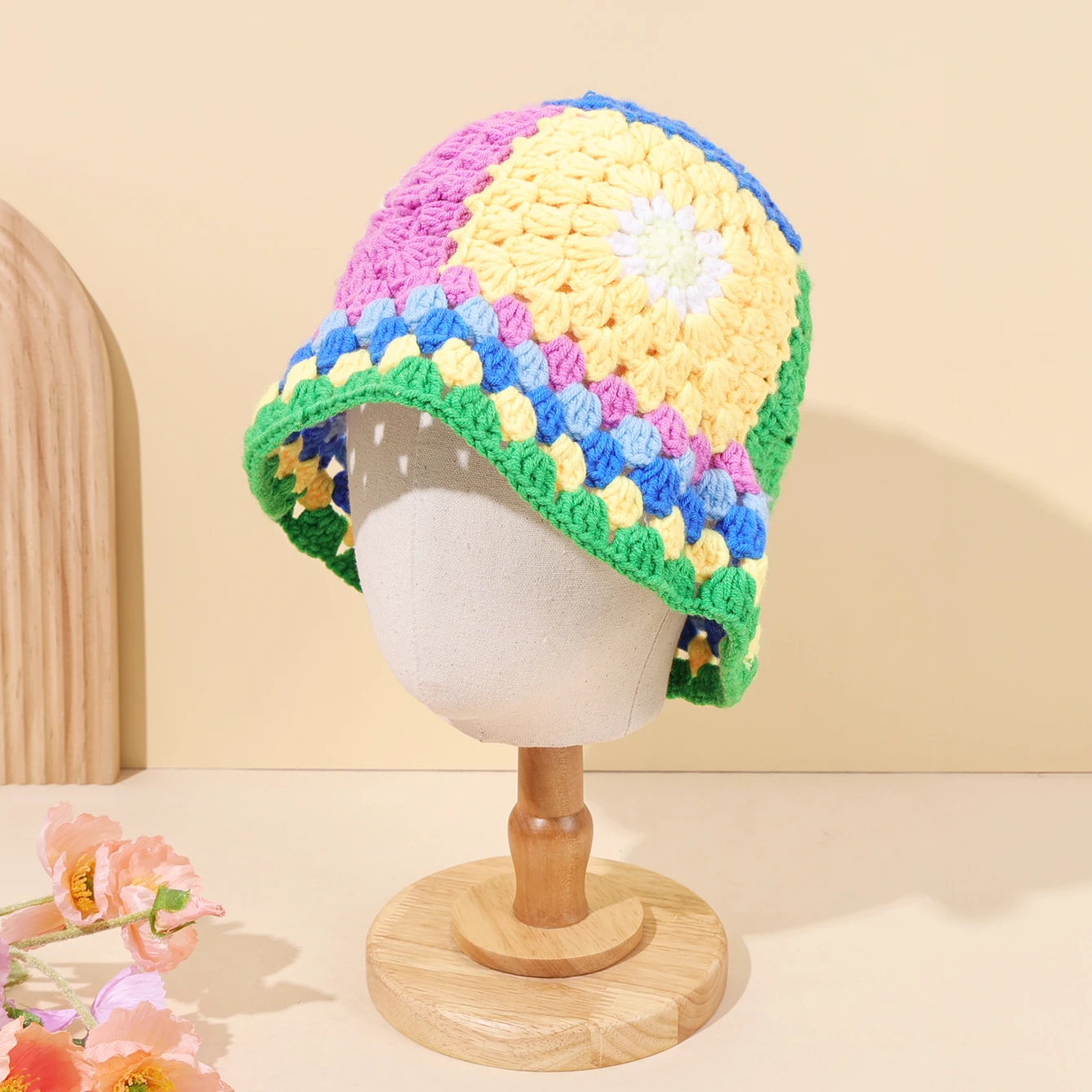 قبعة حوض محبوكة مصنوعة يدويًا على شكل زهرة مجوفة للنساء، قبعة صياد السمك متعددة الاستخدامات للخريف/الشتاء، تظليل الشمس #2