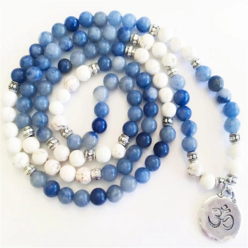 

8mm Howlite Blue Jade Gemstone Mala Bracelet Cuff Teens Fragrant Energy Wrap Handmade 108 Bead Pendant Prayer